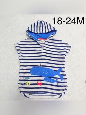 Mini Boden Striped Hooded Toweling Poncho with Whale Appliqué